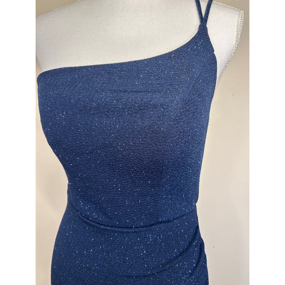 Midnight Doll Asymmetrical one-shoulder neckline, Navy Blue Shimmer Dress-Size S - Picture 6 of 13